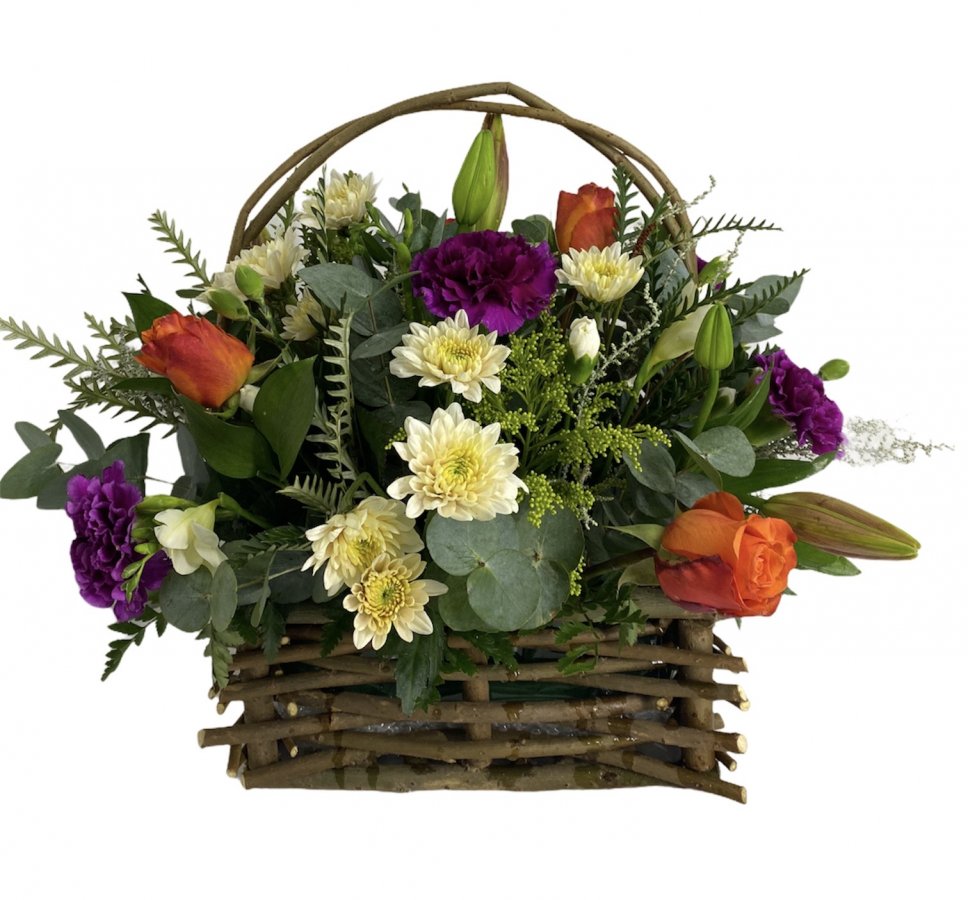 Small square basket of flowers 